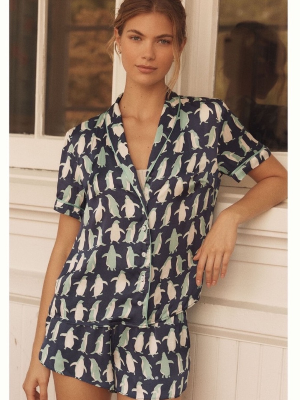 Anthropologie The Lyrebird Silky Penguin Print Short Sleeve Pajama Top Blue XL